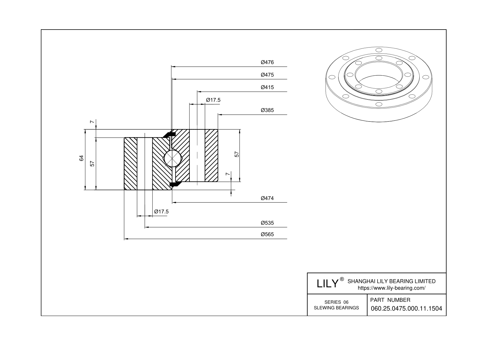 060.25.0475.000.11.1504 Four Point Contact Ball Slewing Ring Bearing cad drawing