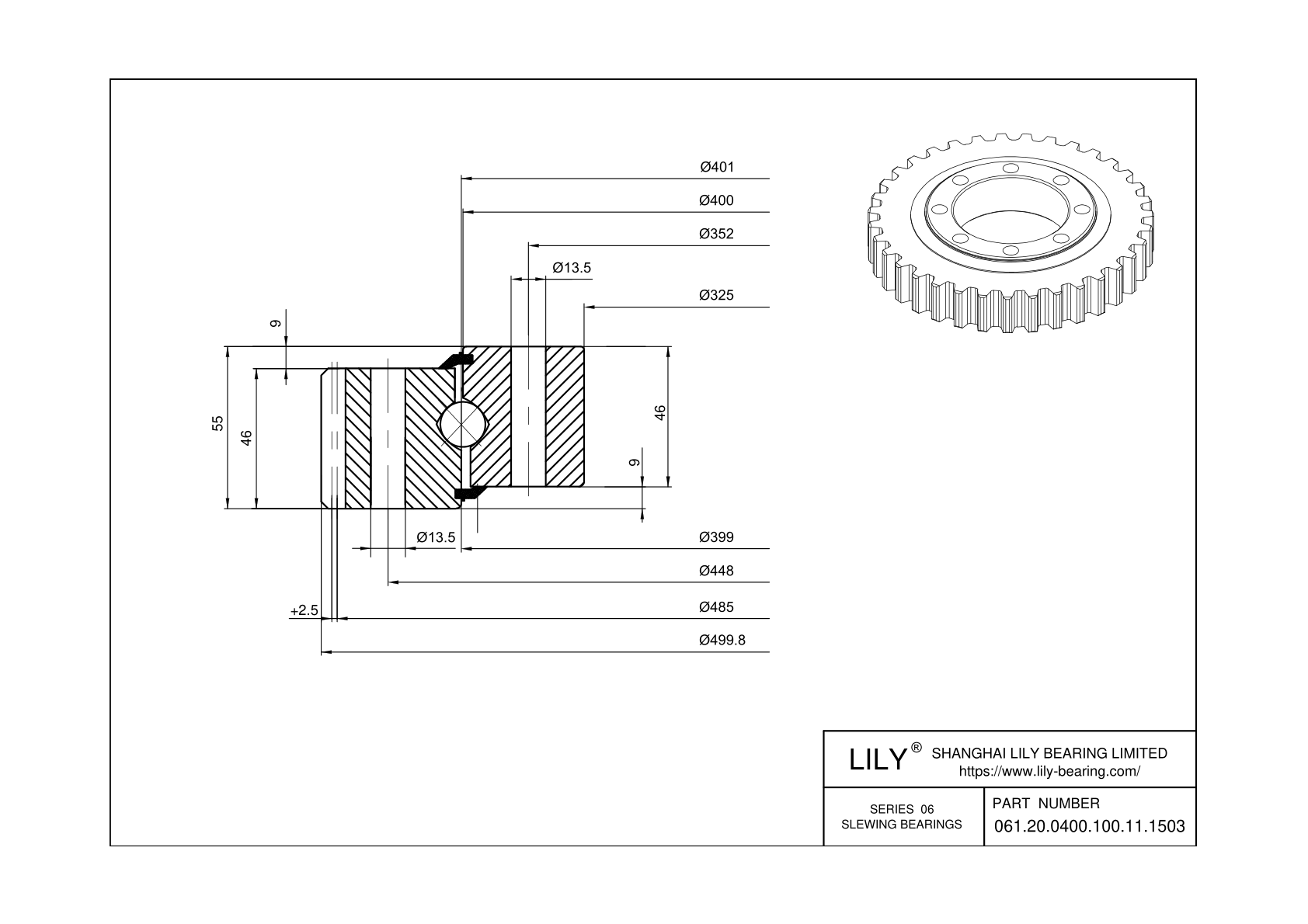 061.20.0400.100.11.1503 Four Point Contact Ball Slewing Ring Bearing cad drawing