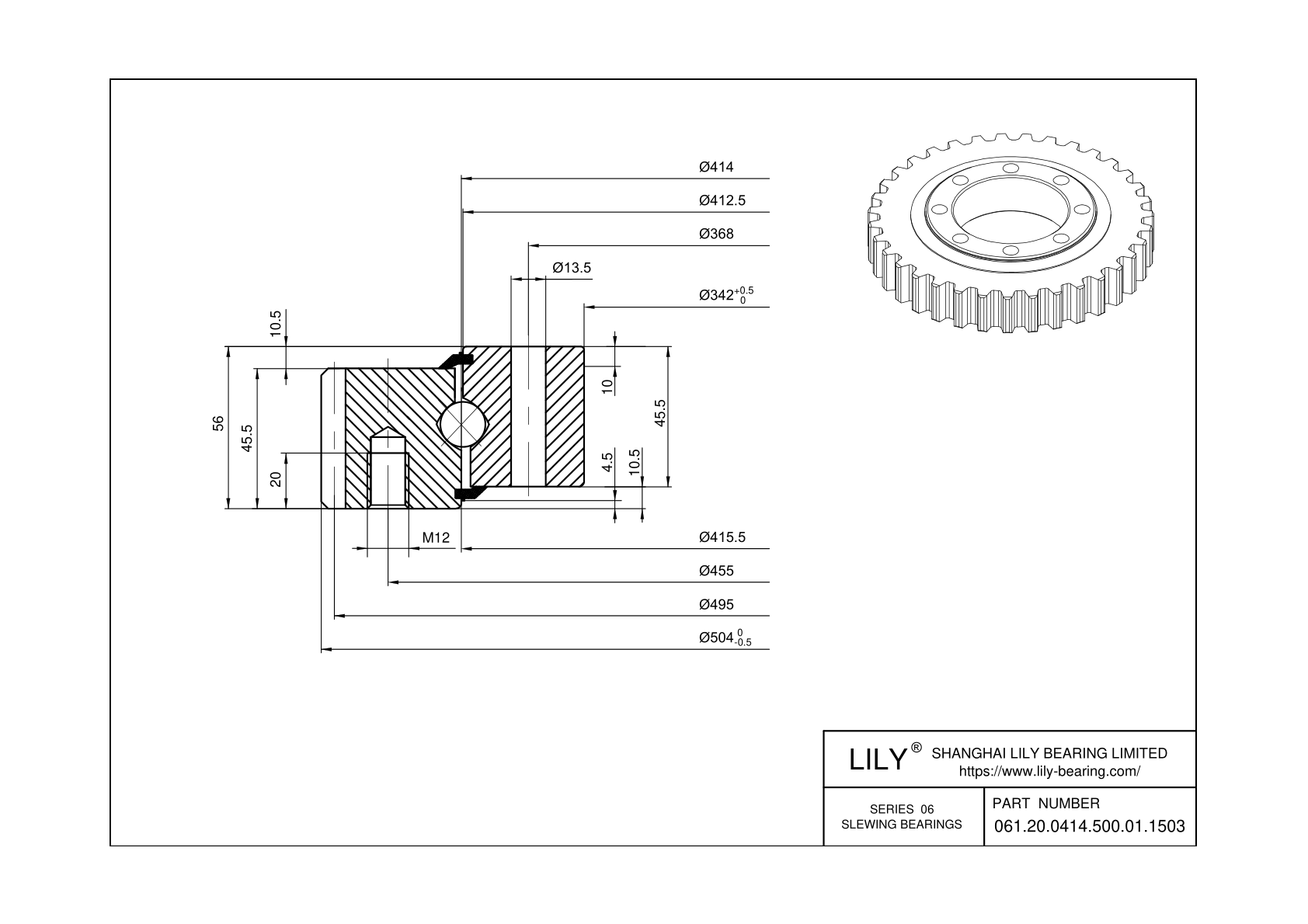 061.20.0414.500.01.1503 Four Point Contact Ball Slewing Ring Bearing cad drawing
