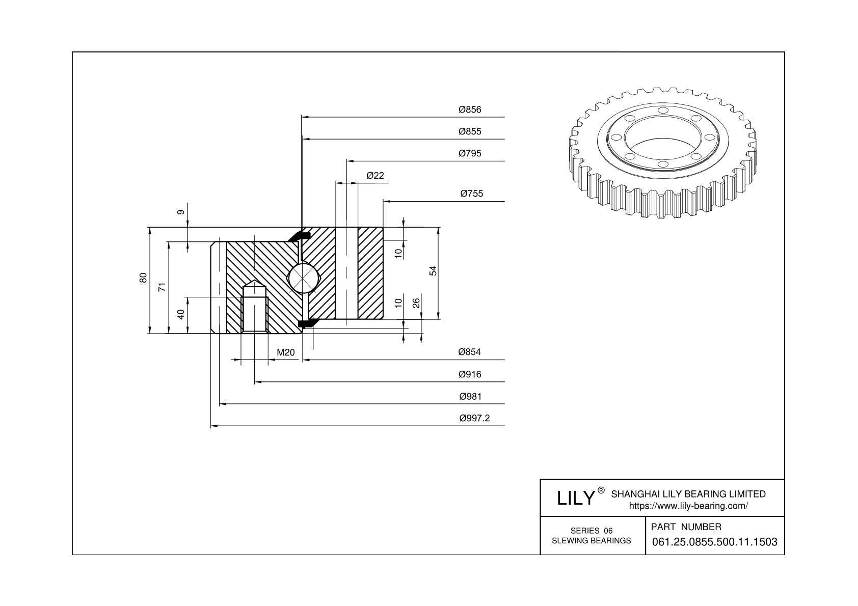 061.25.0855.500.11.1503 Four Point Contact Ball Slewing Ring Bearing cad drawing