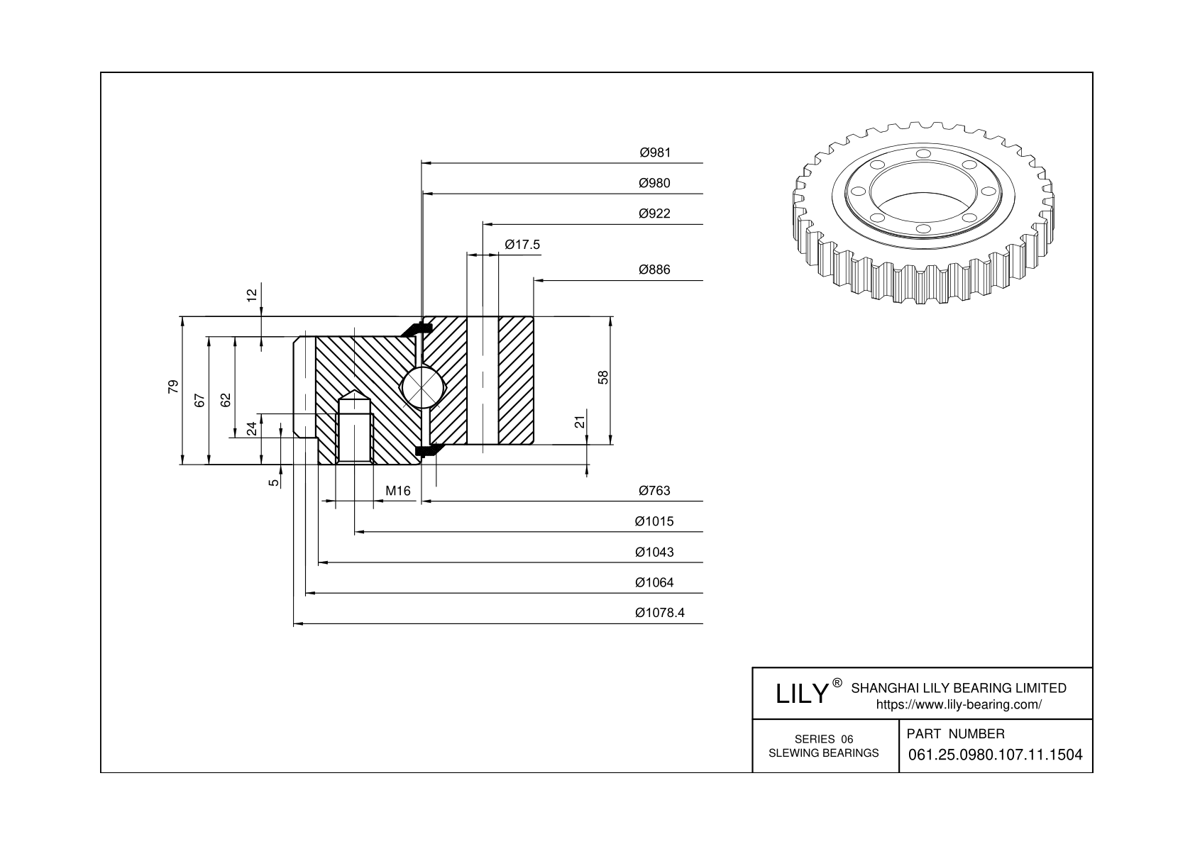 061.25.0980.107.11.1504 Four Point Contact Ball Slewing Ring Bearing cad drawing