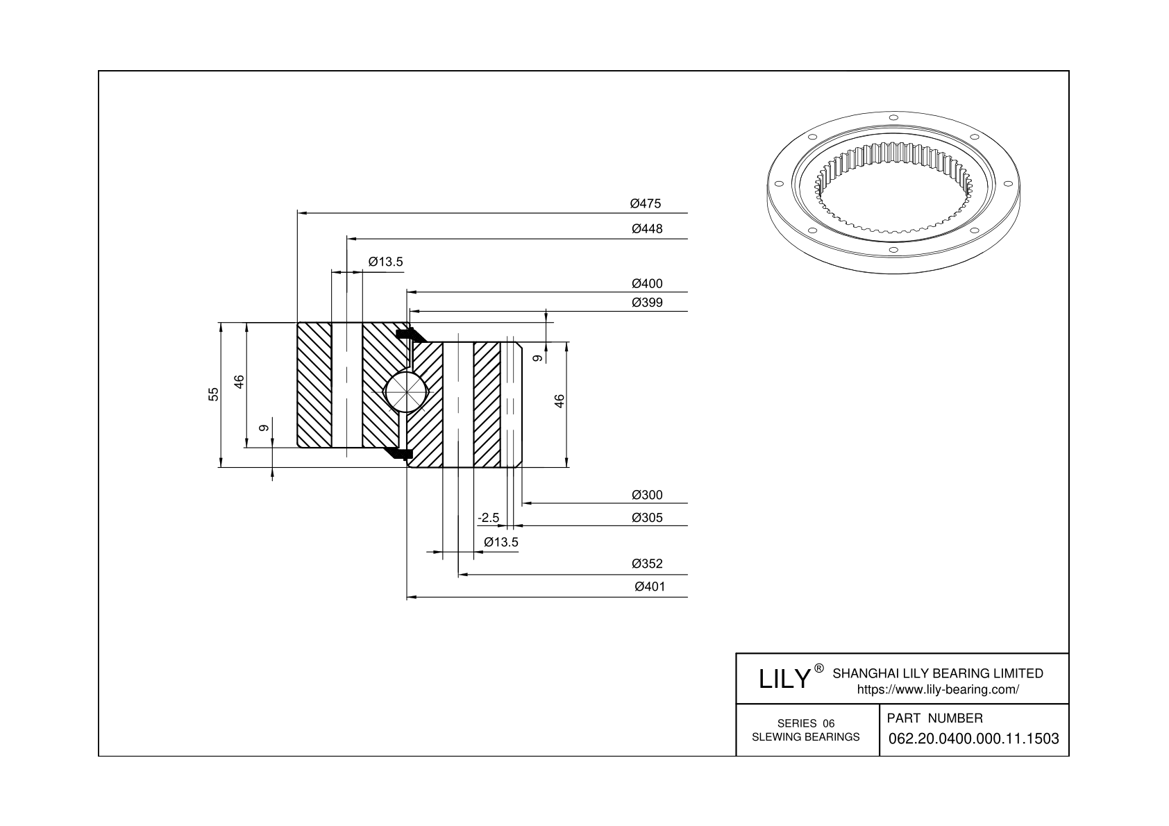 062.20.0400.000.11.1503 Four Point Contact Ball Slewing Ring Bearing cad drawing