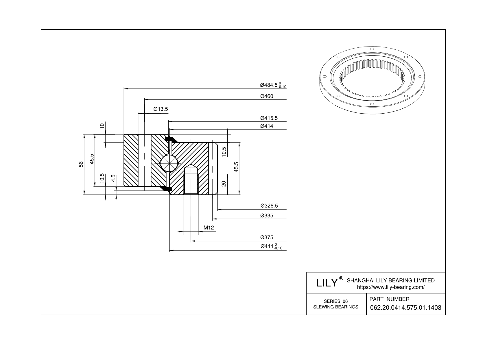 062.20.0414.575.01.1403 Four Point Contact Ball Slewing Ring Bearing cad drawing