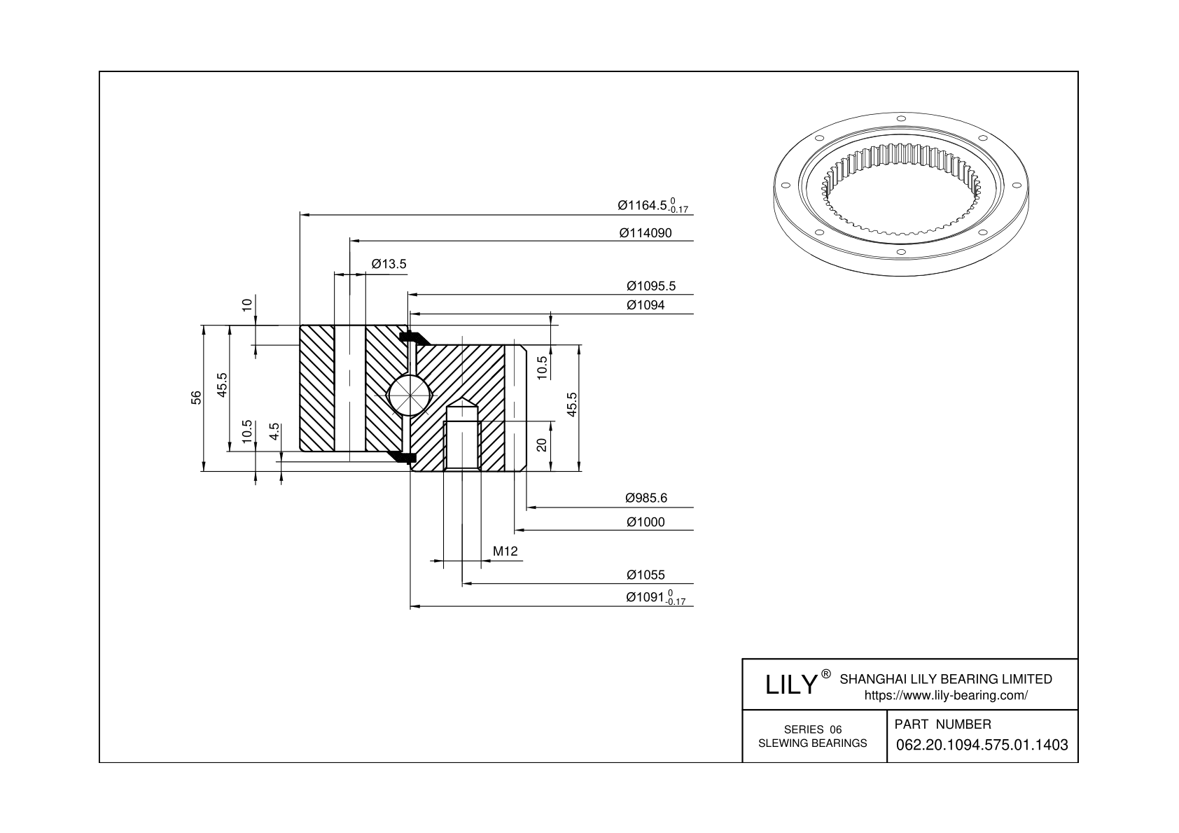 062.20.1094.575.01.1403 Four Point Contact Ball Slewing Ring Bearing cad drawing