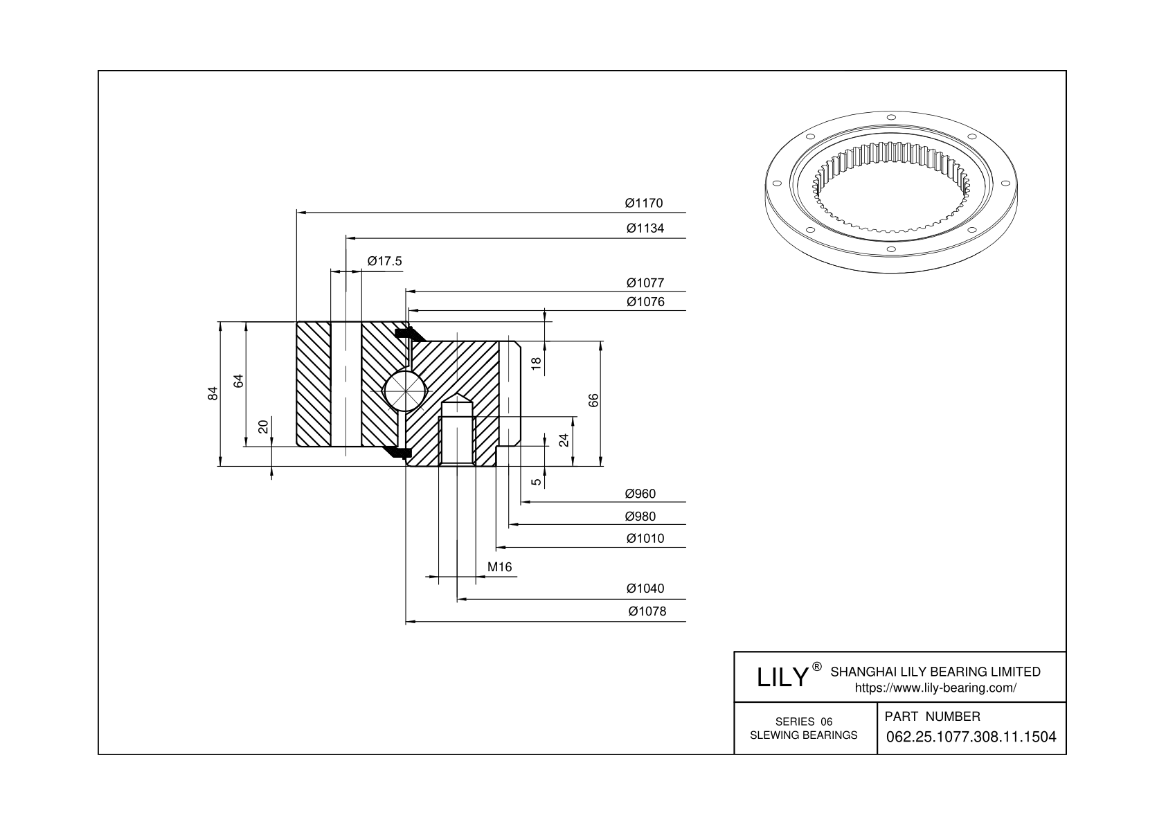 062.25.1077.308.11.1504 Four Point Contact Ball Slewing Ring Bearing cad drawing