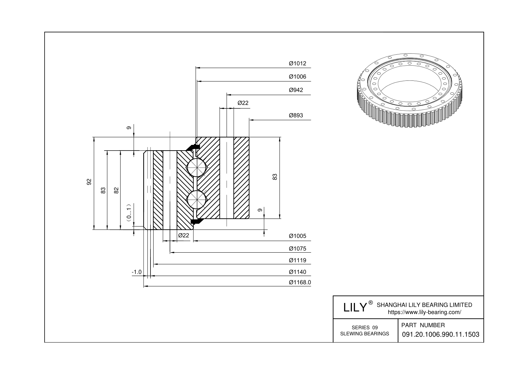 091.20.1006.990.11.1503 Eight Point Contact Ball Slewing Ring Bearing cad drawing