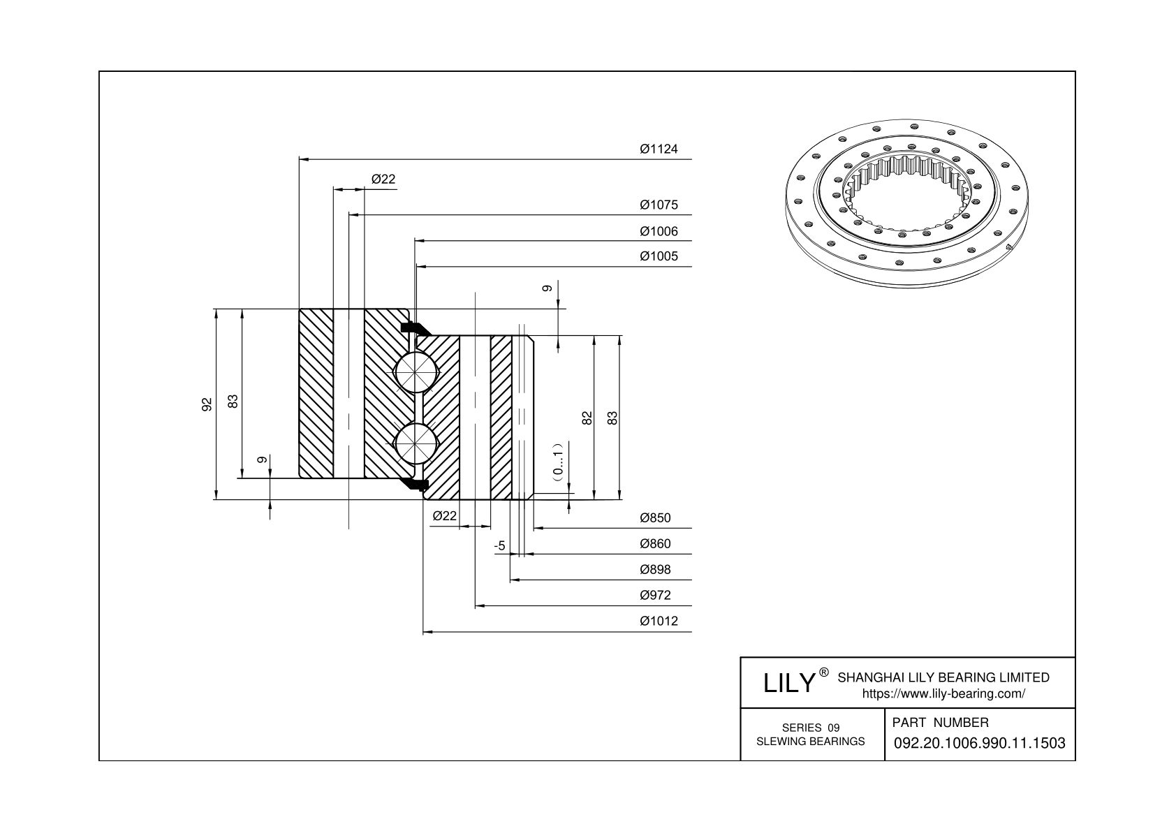 092.20.1006.990.11.1503 Eight Point Contact Ball Slewing Ring Bearing cad drawing