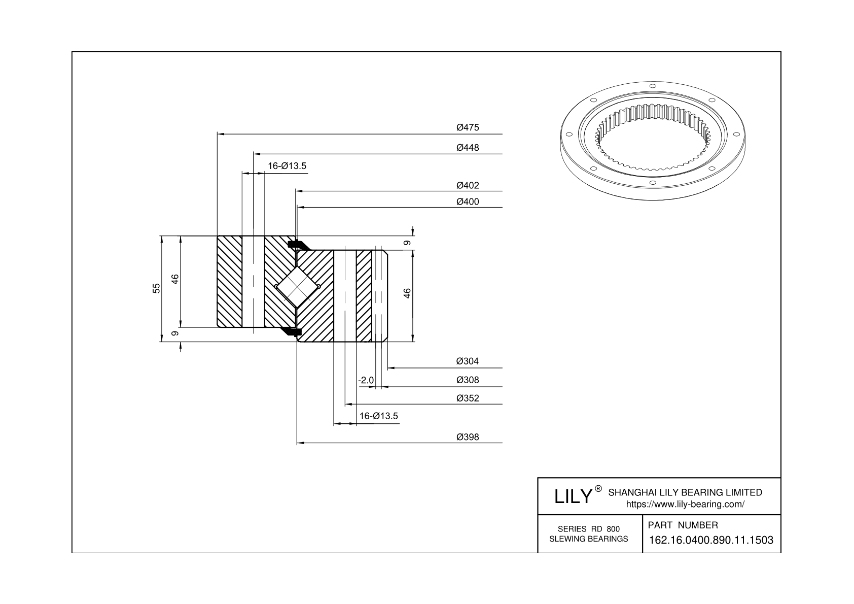 162.16.0400.890.11.1503 Cross Roller Slewing Ring Bearing cad drawing
