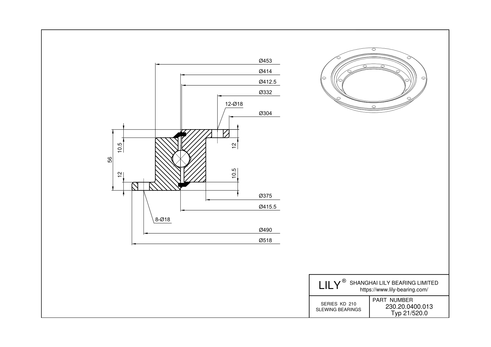 230.20.0400.013 Type 21/520.0 Four Point Contact Ball Slewing Ring Bearing cad drawing