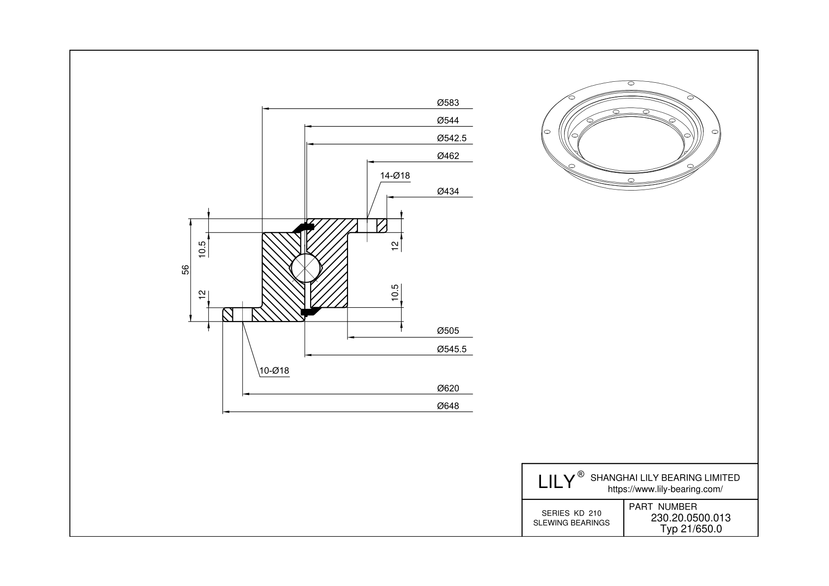 230.20.0500.013 Type 21/650.0 Four Point Contact Ball Slewing Ring Bearing cad drawing