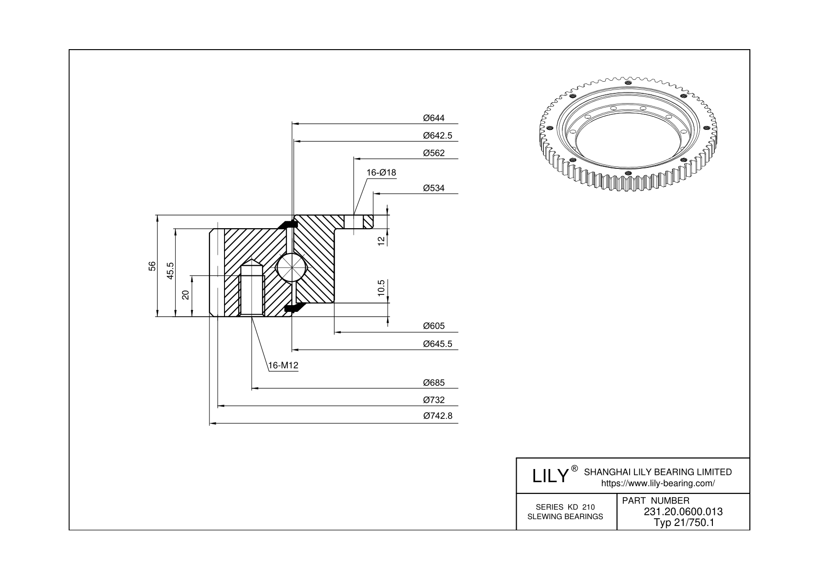 231.20.0600.013 Type 21/750.1 Four Point Contact Ball Slewing Ring Bearing cad drawing