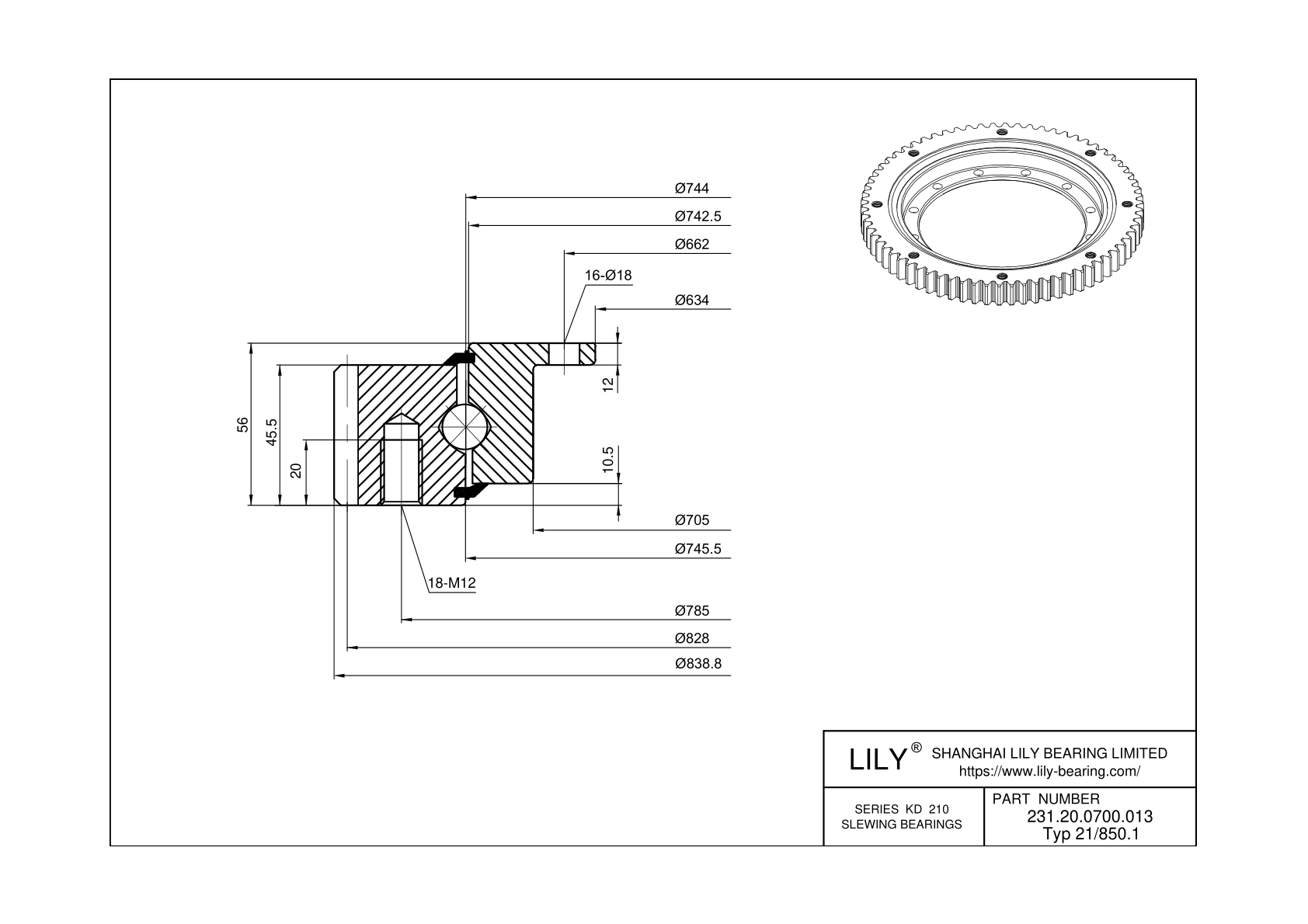 231.20.0700.013 Type 21/850.1 Four Point Contact Ball Slewing Ring Bearing cad drawing