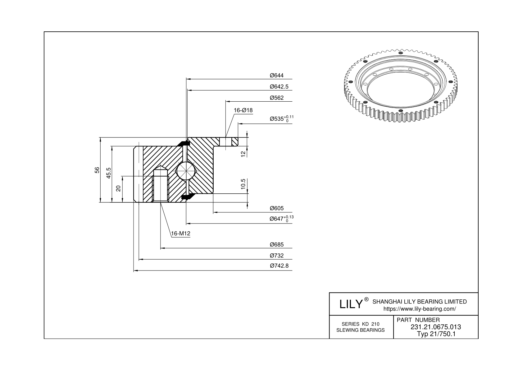 231.21.0675.013 Type 21/750.1 Four Point Contact Ball Slewing Ring Bearing cad drawing