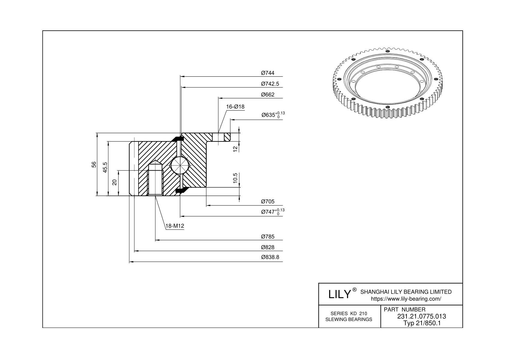 231.21.0775.013 Type 21/850.1 Four Point Contact Ball Slewing Ring Bearing cad drawing