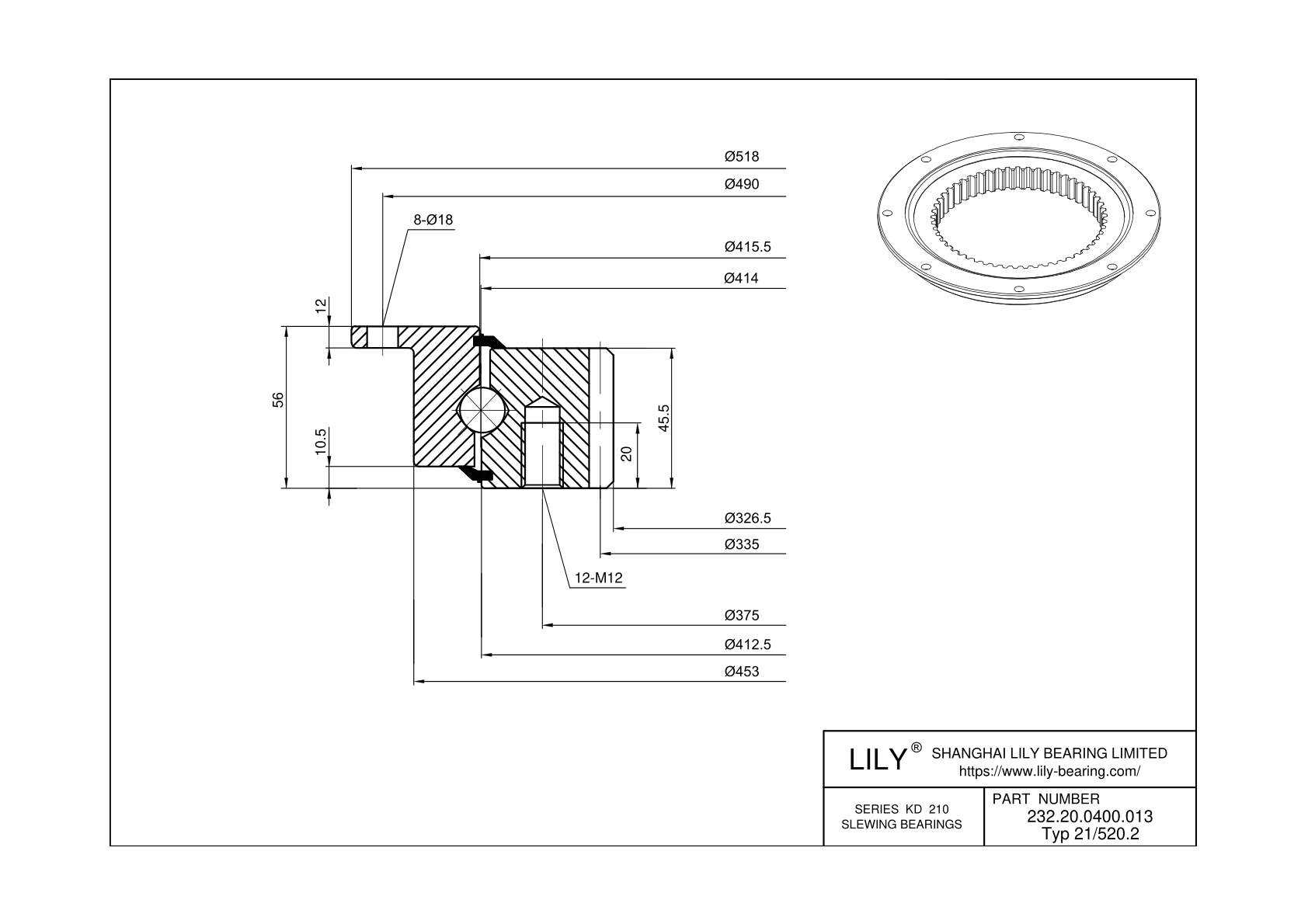 232.20.0400.013 Type 21/520.2 Four Point Contact Ball Slewing Ring Bearing cad drawing