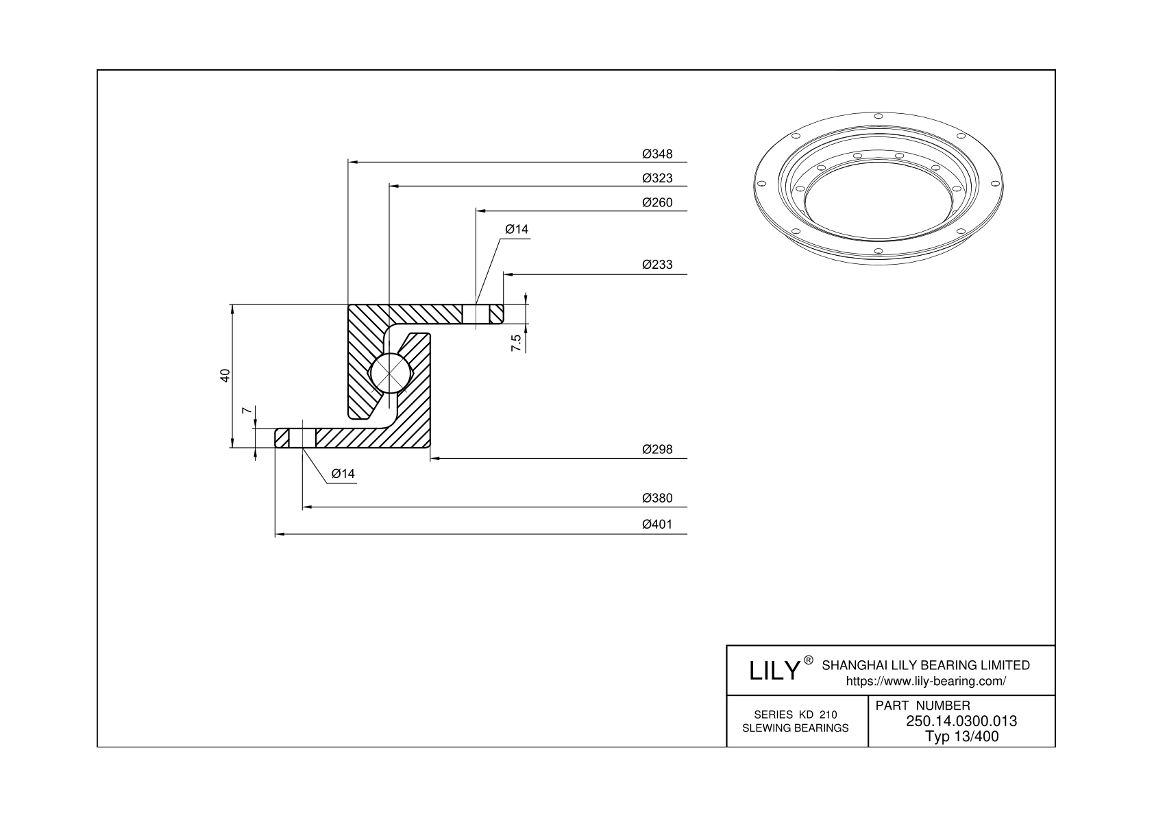 250.14.0300.013 Type 13/400 Four Point Contact Ball Slewing Ring Bearing cad drawing