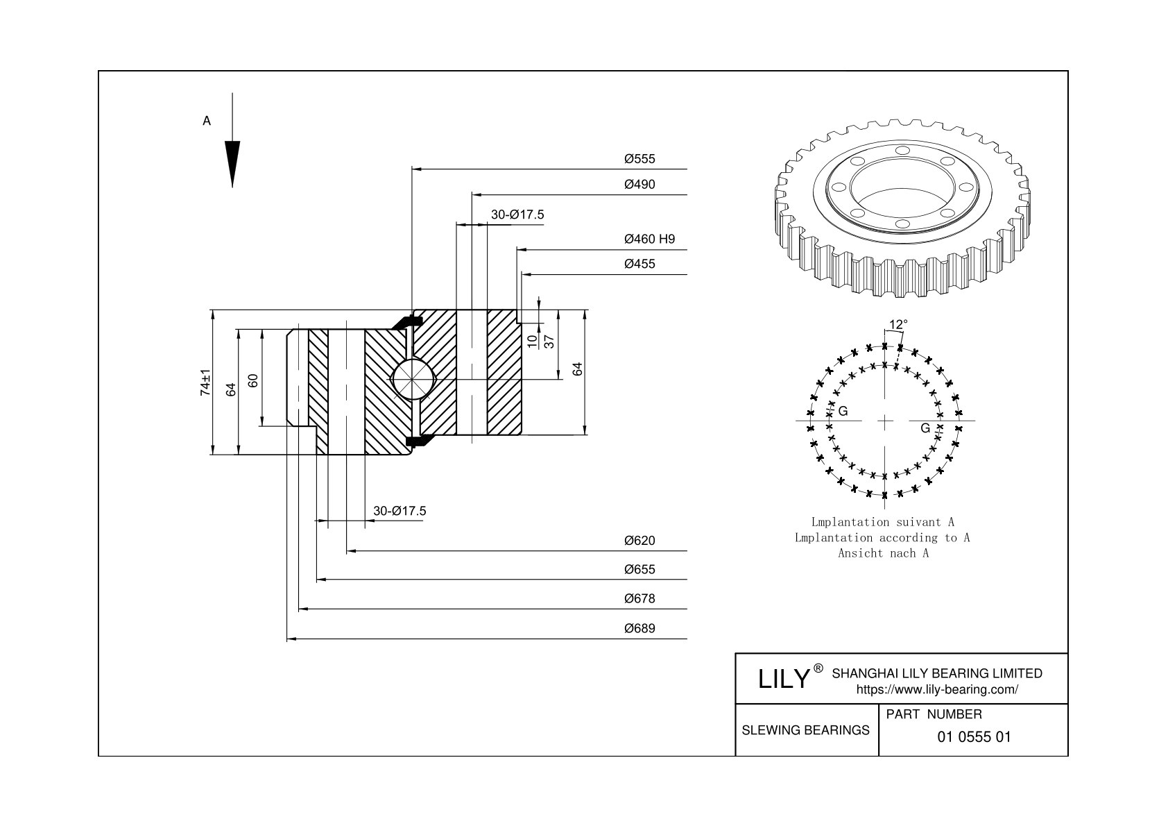 01 0555 01 Four Point Contact Ball Slewing Ring Bearing cad drawing