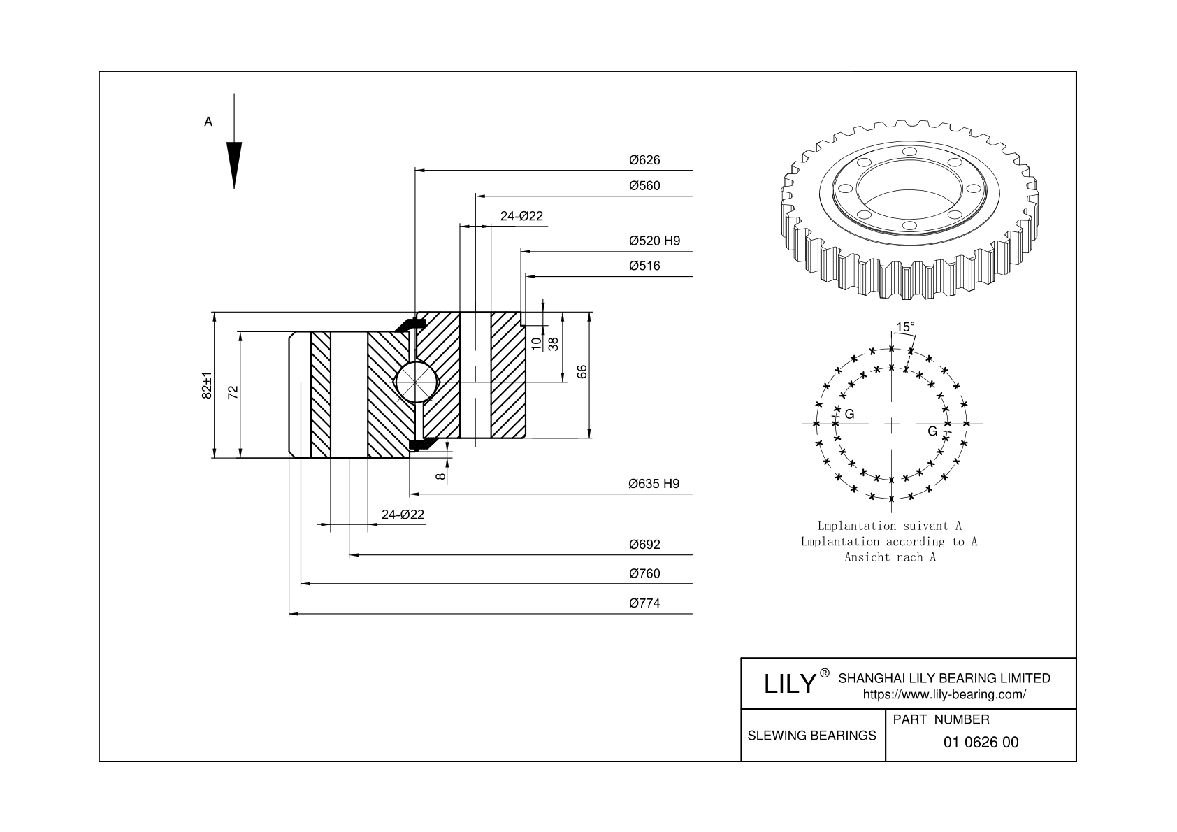 01 0626 00 Four Point Contact Ball Slewing Ring Bearing cad drawing