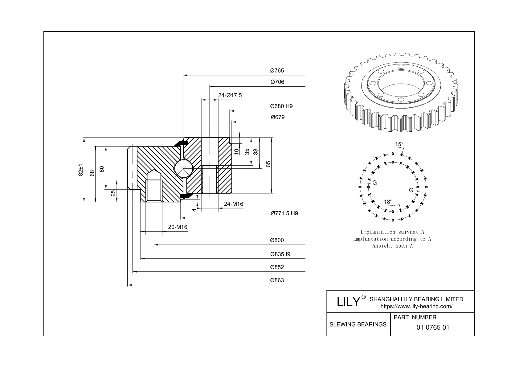 01 0765 01 Four Point Contact Ball Slewing Ring Bearing cad drawing