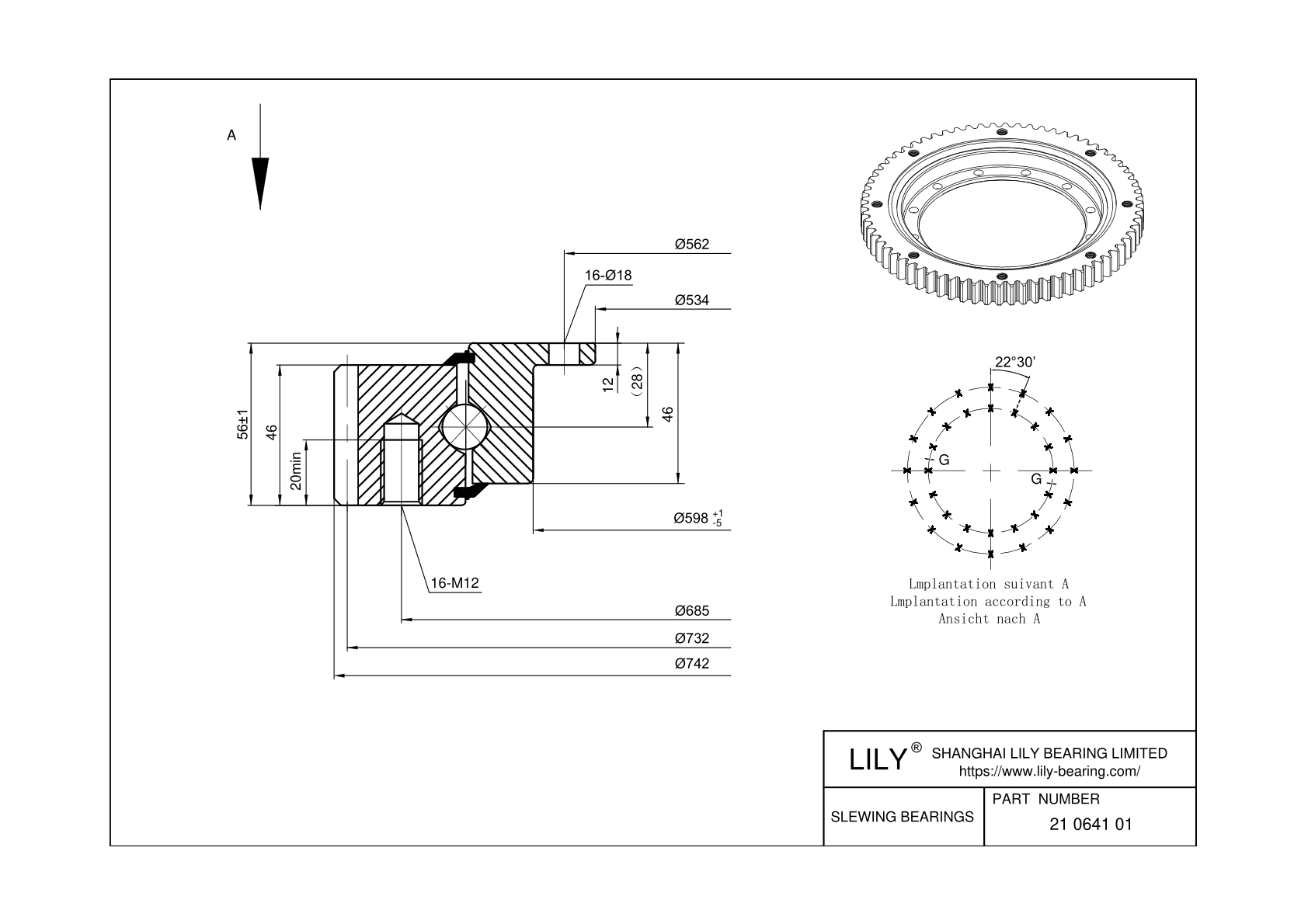 21 0641 01 Four Point Contact Ball Slewing Ring Bearing cad drawing