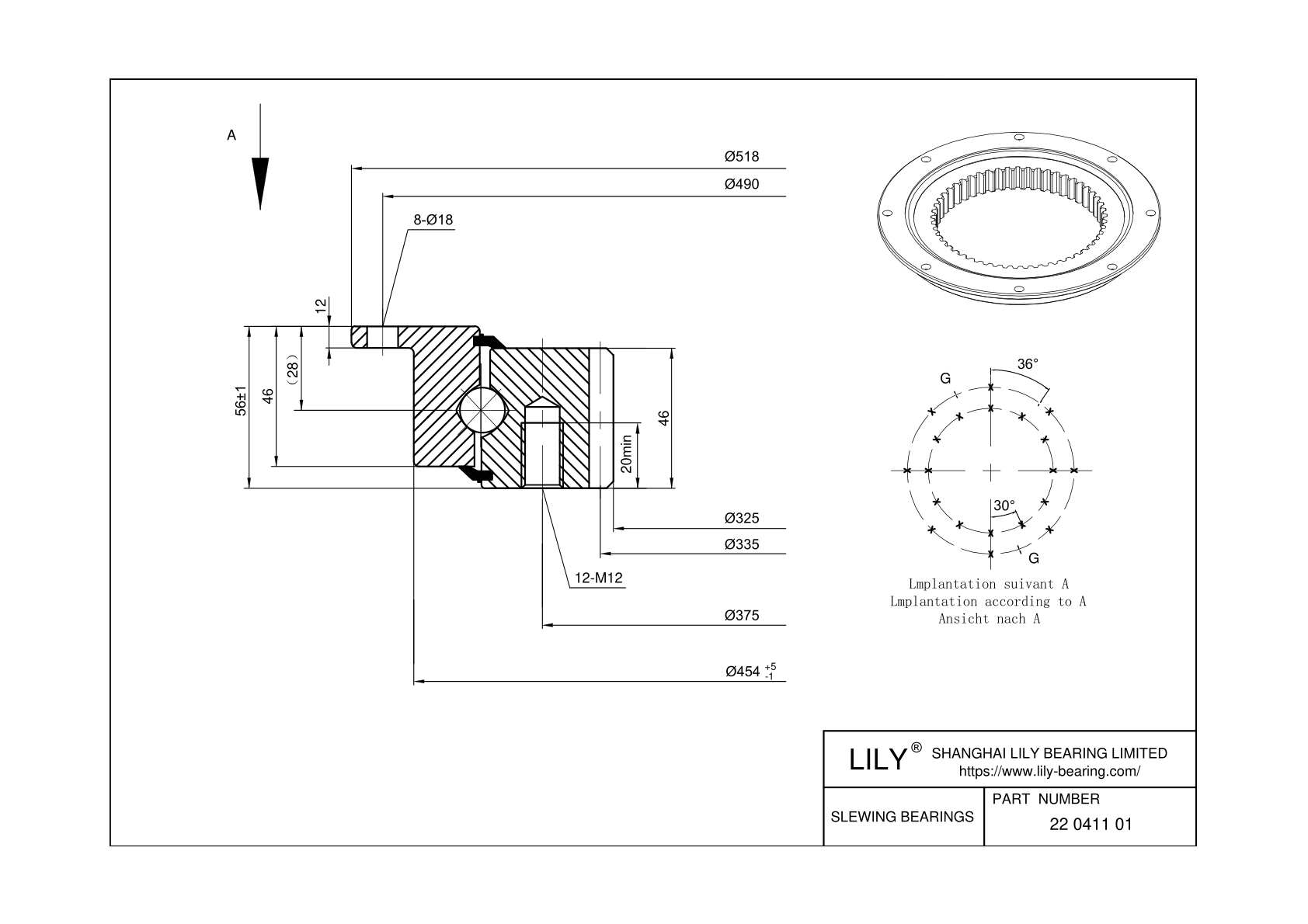 22 0411 01 Four Point Contact Ball Slewing Ring Bearing cad drawing