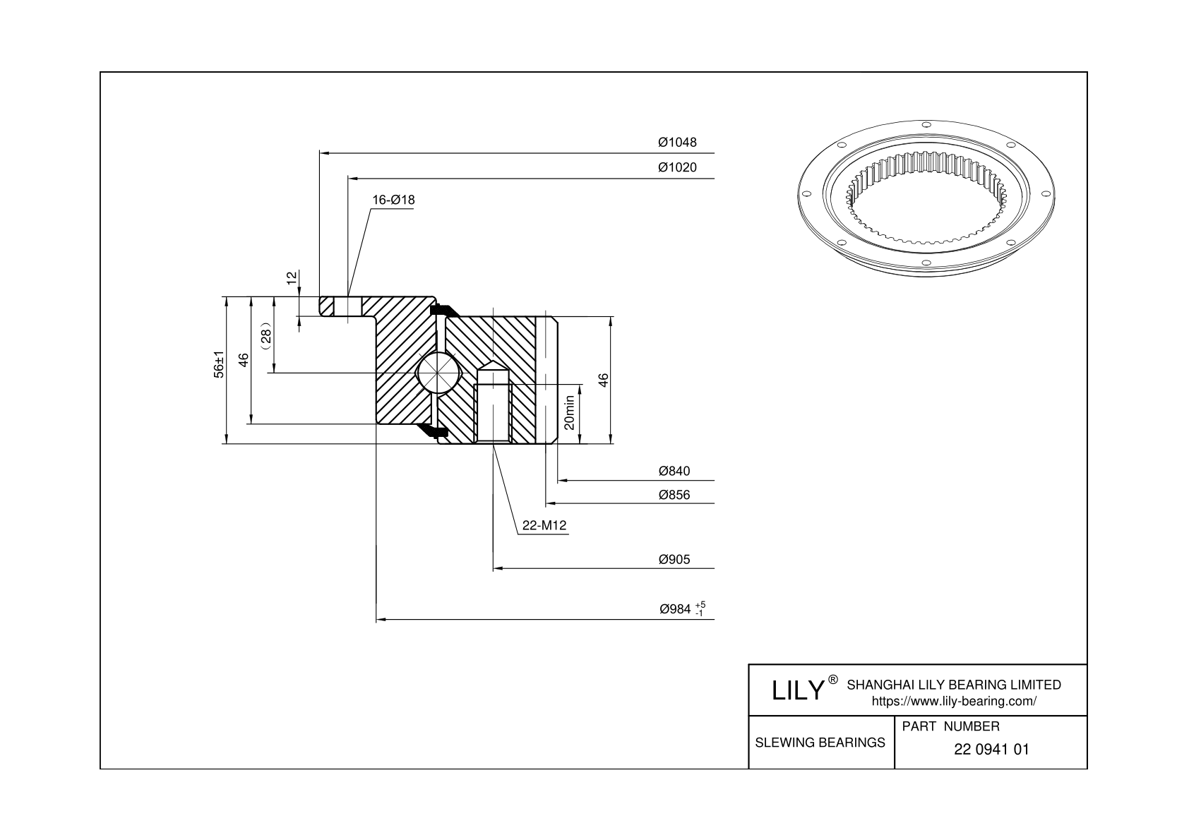 22 0941 01 Four Point Contact Ball Slewing Ring Bearing cad drawing