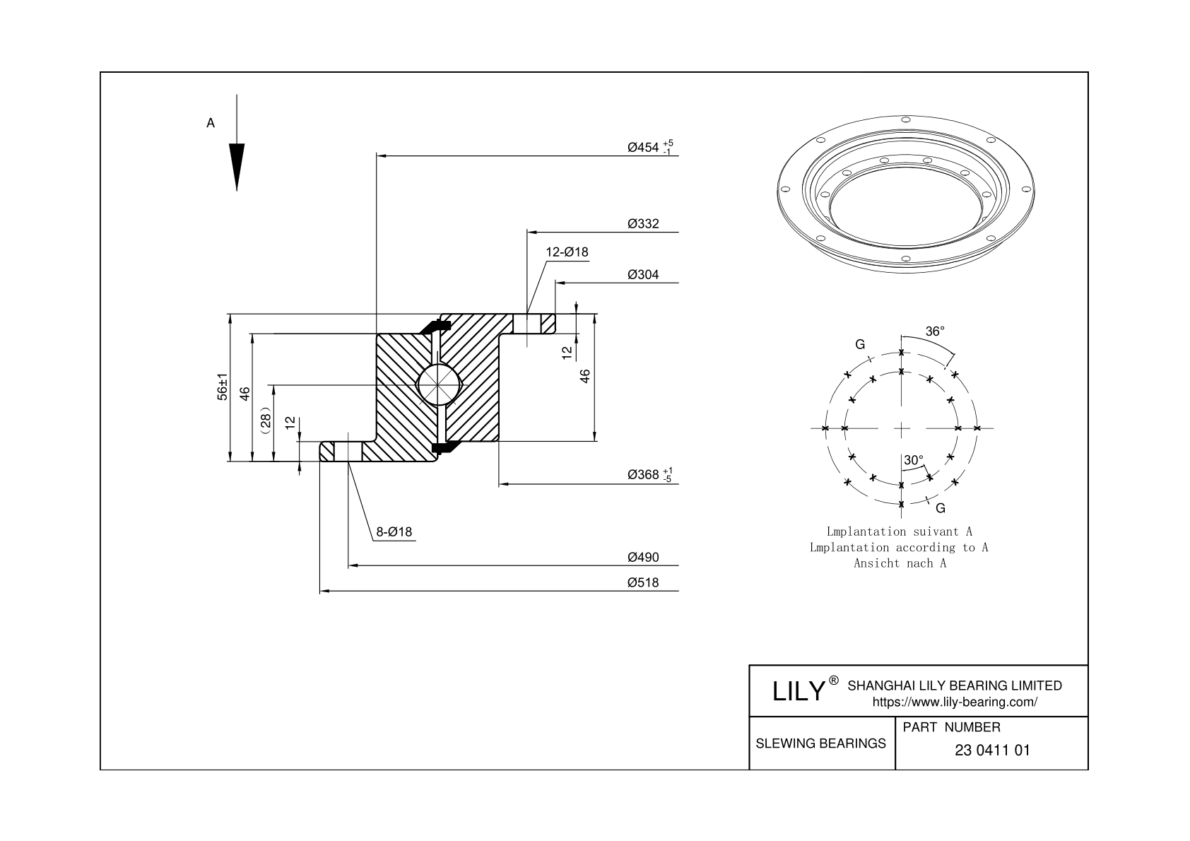 23 0411 01 Four Point Contact Ball Slewing Ring Bearing cad drawing
