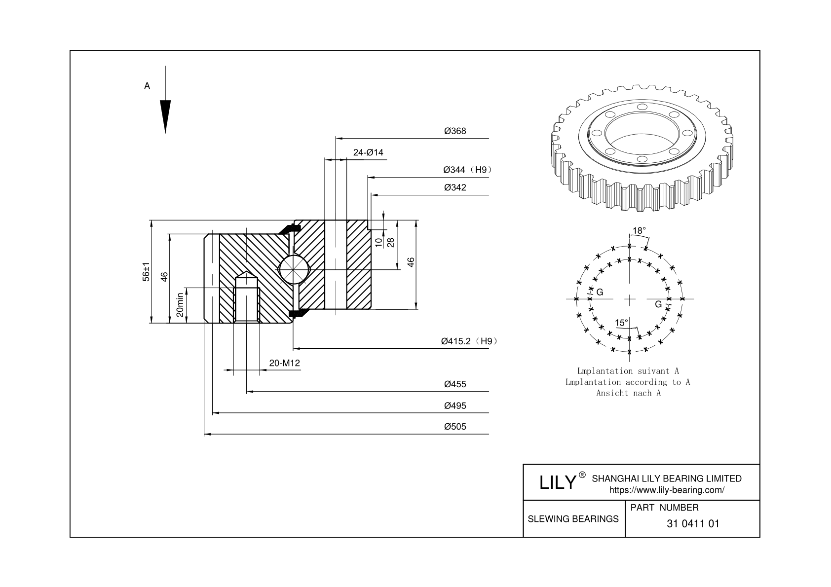 31 0411 01 Four Point Contact Ball Slewing Ring Bearing cad drawing