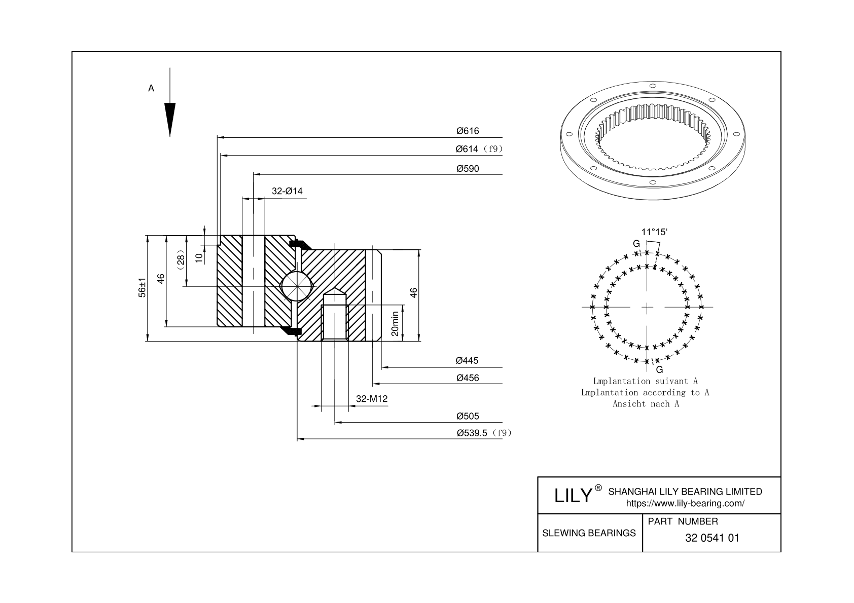 32 0541 01 Four Point Contact Ball Slewing Ring Bearing cad drawing