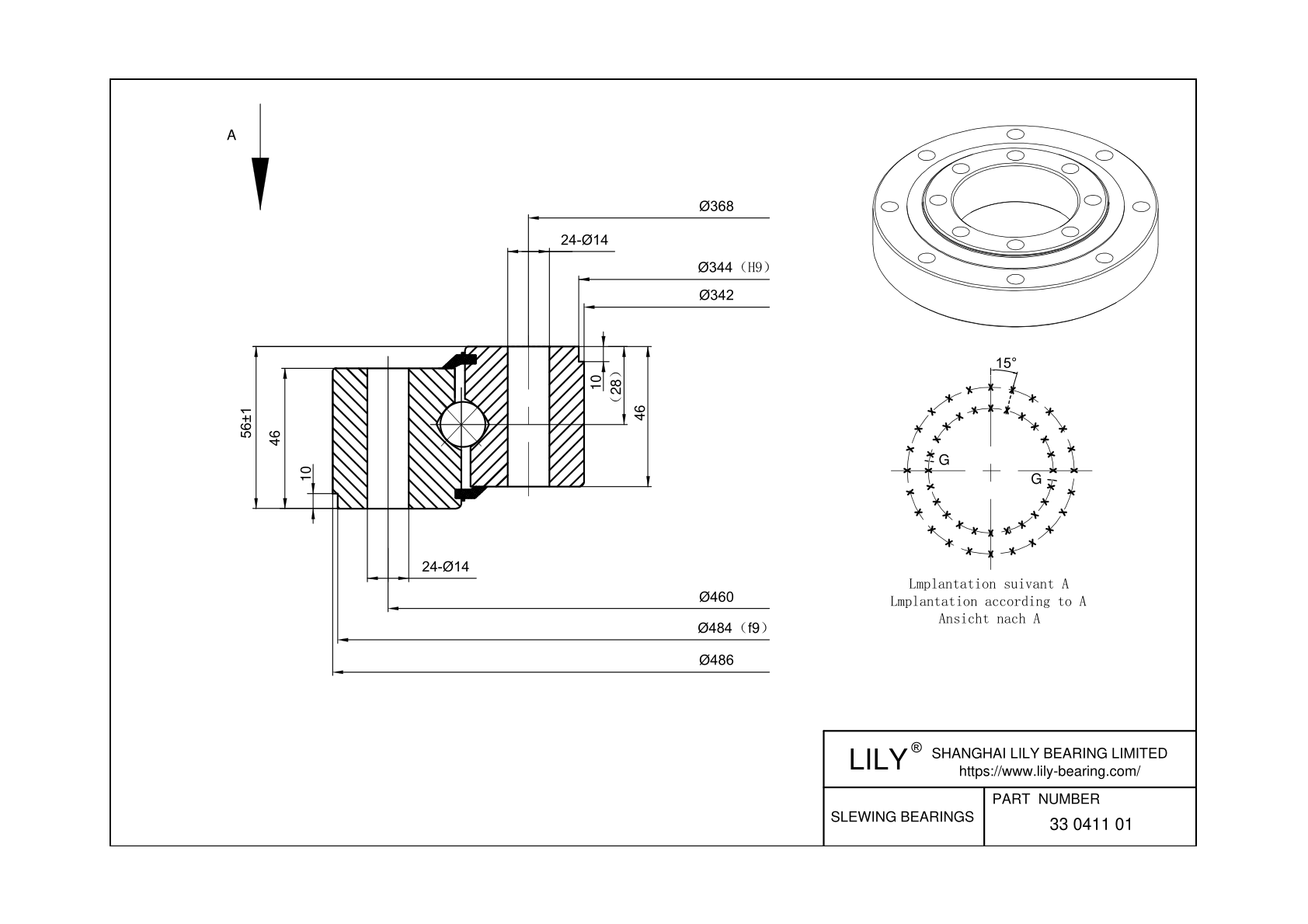 33 0411 01 Four Point Contact Ball Slewing Ring Bearing cad drawing