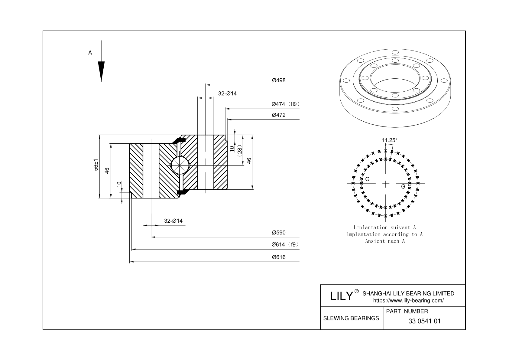 33 0541 01 Four Point Contact Ball Slewing Ring Bearing cad drawing