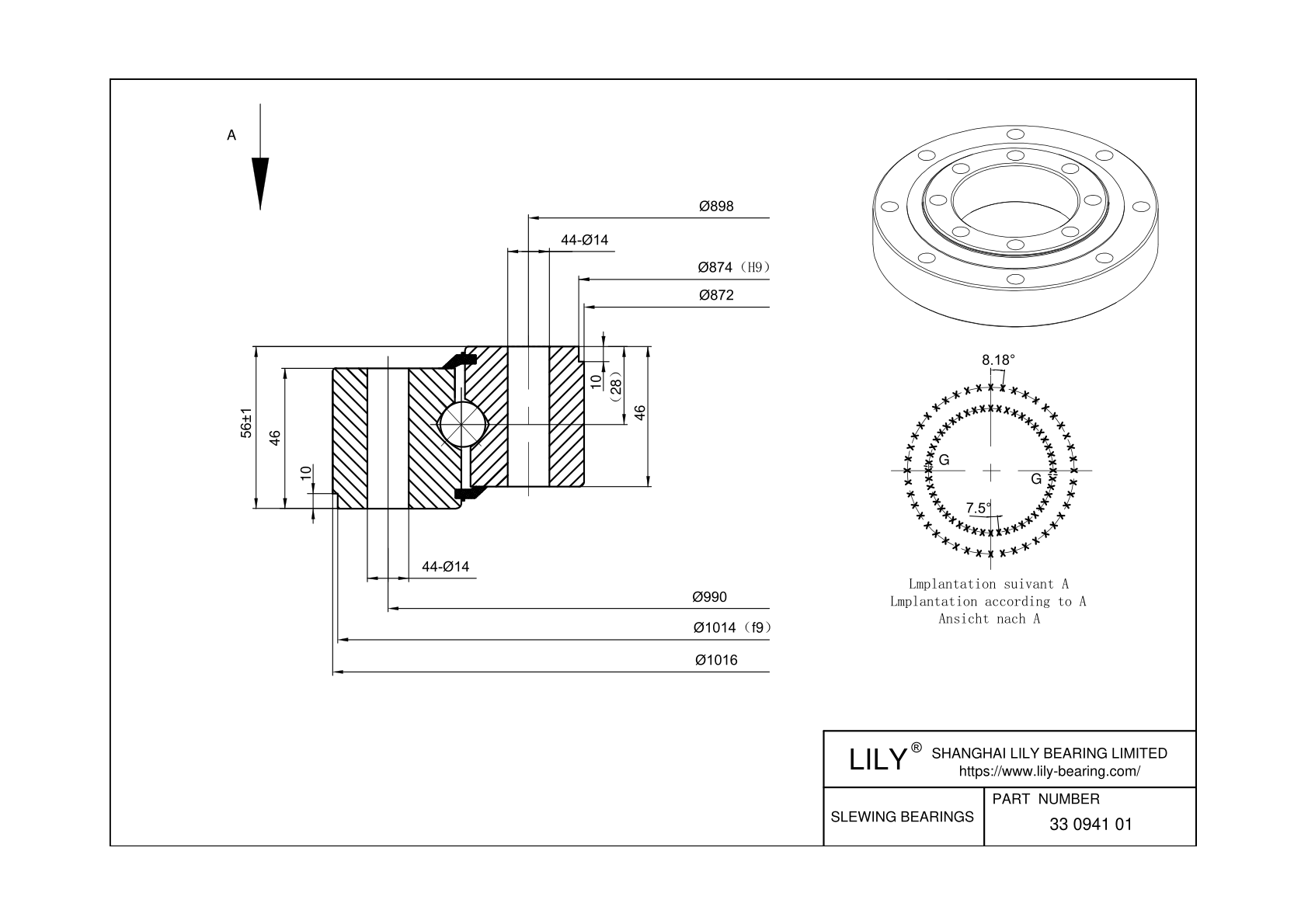 33 0941 01 Four Point Contact Ball Slewing Ring Bearing cad drawing