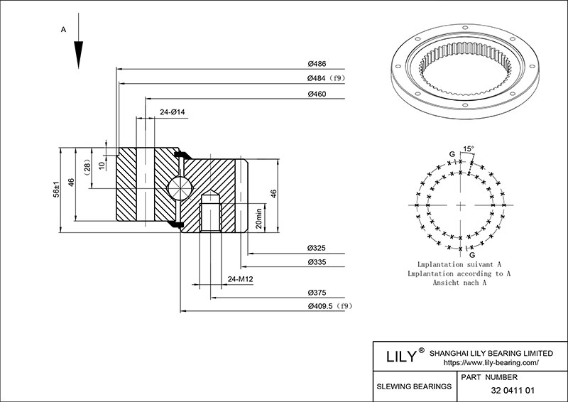 35 0411 01 Four Point Contact Ball Slewing Ring Bearing cad drawing