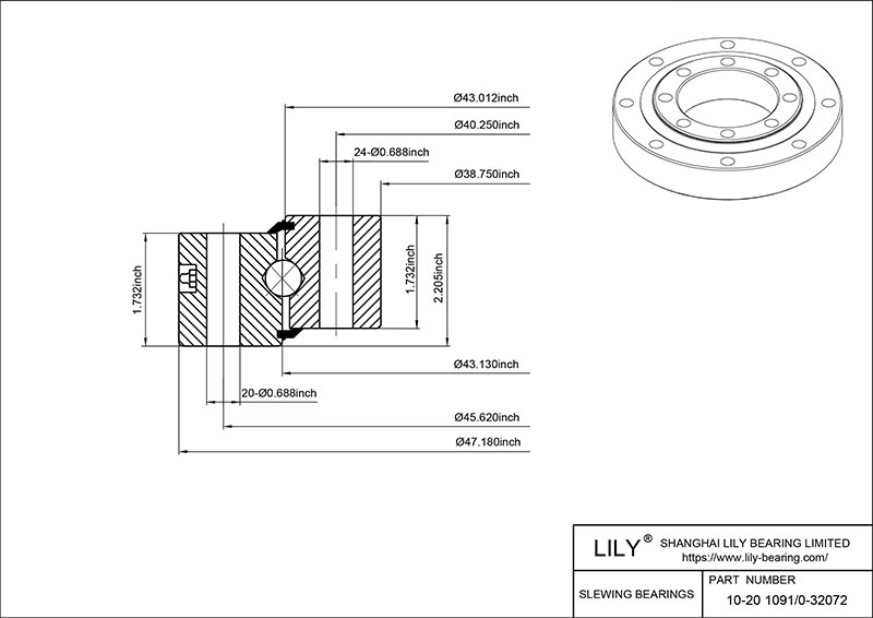 10-20 1091/0-32072 Four Point Contact Ball Slewing Ring Bearing cad drawing