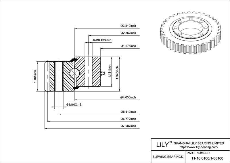 11-16 0100/1-08100 Four Point Contact Ball Slewing Ring Bearing cad drawing