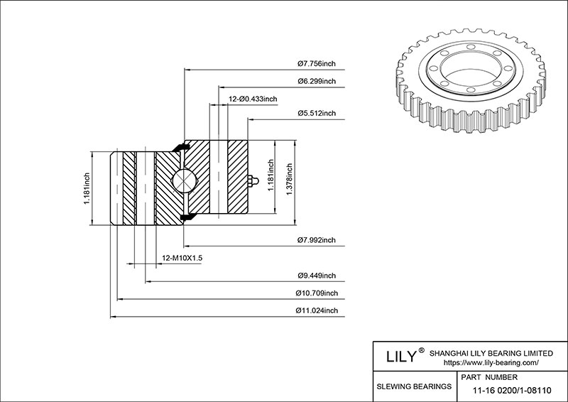 11-16 0200/1-08110 Four Point Contact Ball Slewing Ring Bearing cad drawing