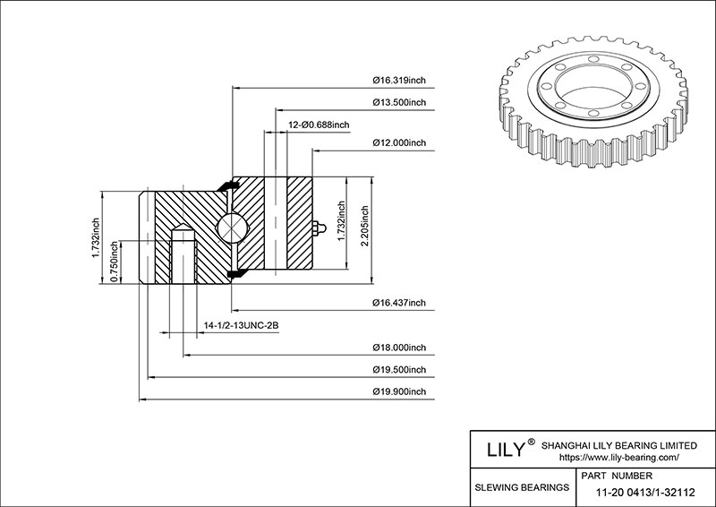 11-20 0413/1-32112 Four Point Contact Ball Slewing Ring Bearing cad drawing