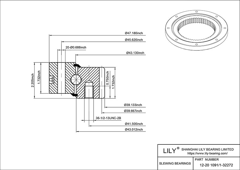 12-20 1091/1-32272 Four Point Contact Ball Slewing Ring Bearing cad drawing