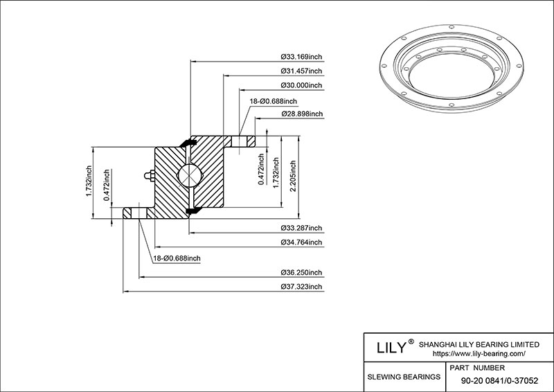 90-20 0841/0-37052 Four Point Contact Ball Slewing Ring Bearing cad drawing