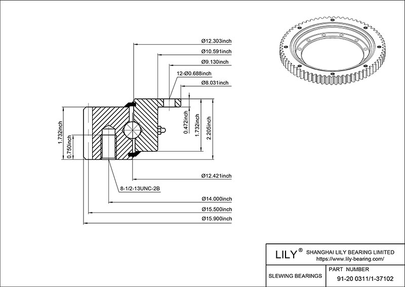 91-20 0311/1-37102 Four Point Contact Ball Slewing Ring Bearing cad drawing