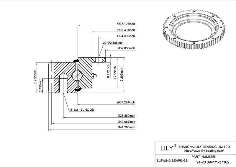 91-20 0941/1-37162 Four Point Contact Ball Slewing Ring Bearing cad drawing