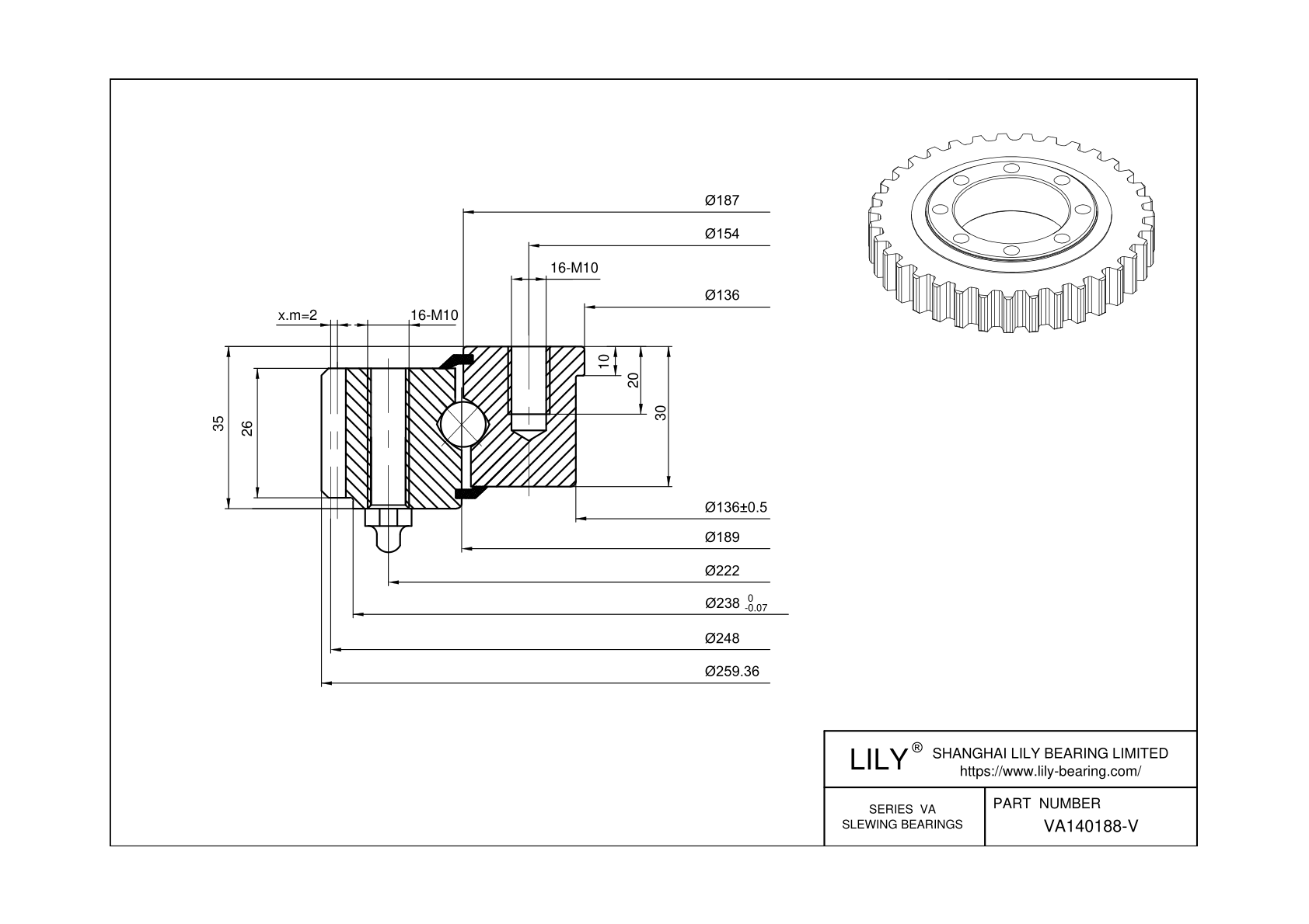 VA140188-V Four Point Contact Ball Slewing Ring Bearing cad drawing
