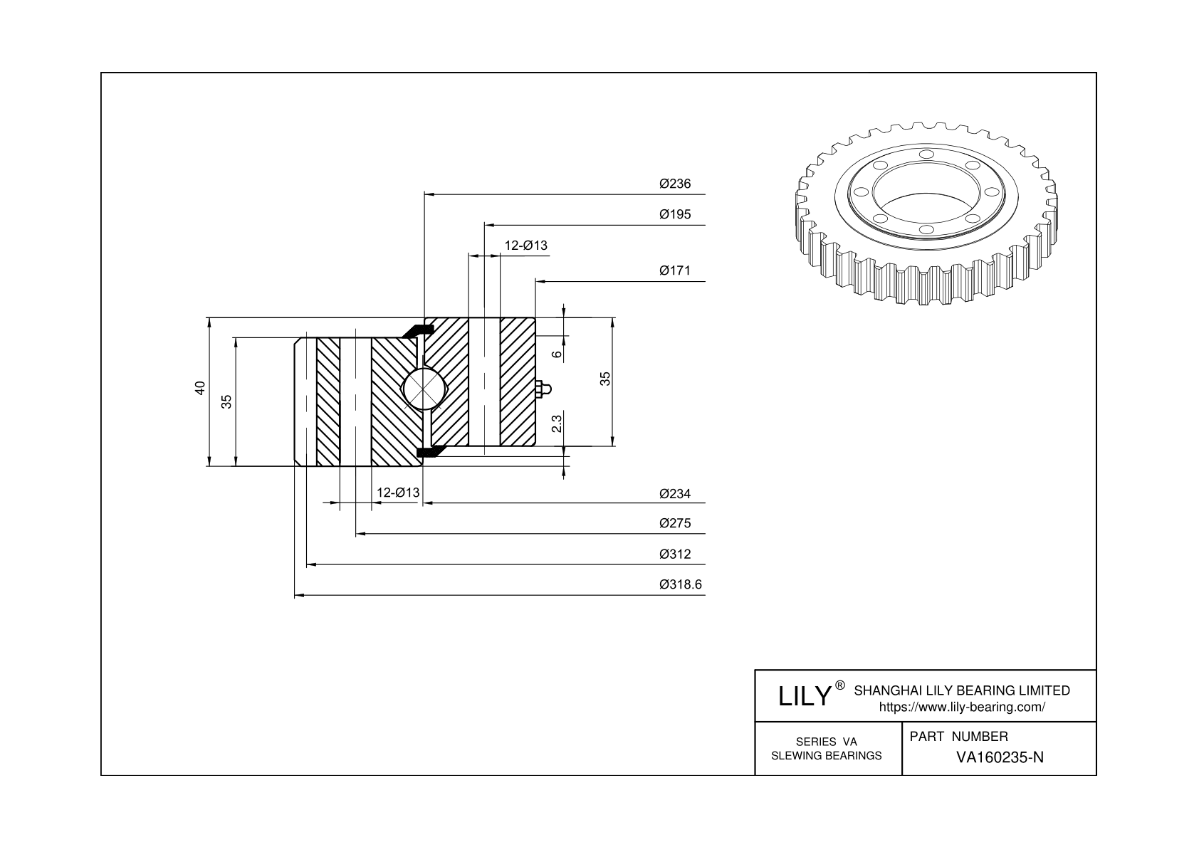 VA160235-N Four Point Contact Ball Slewing Ring Bearing cad drawing