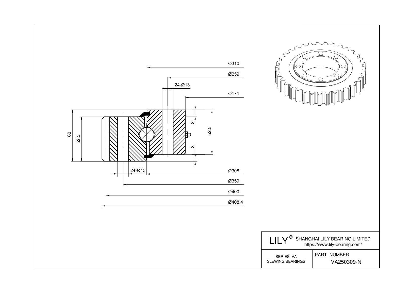 VA250309-N-ZT Four Point Contact Ball Slewing Ring Bearing cad drawing