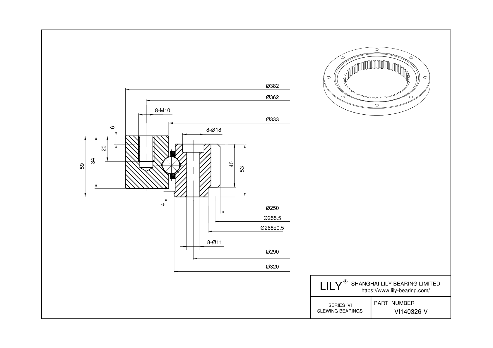 VI140326-V Four Point Contact Ball Slewing Ring Bearing cad drawing