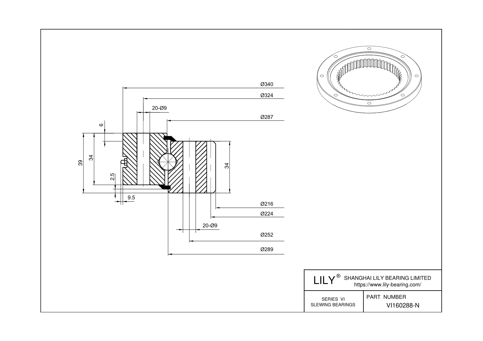 VI160288-N-ZT Four Point Contact Ball Slewing Ring Bearing cad drawing