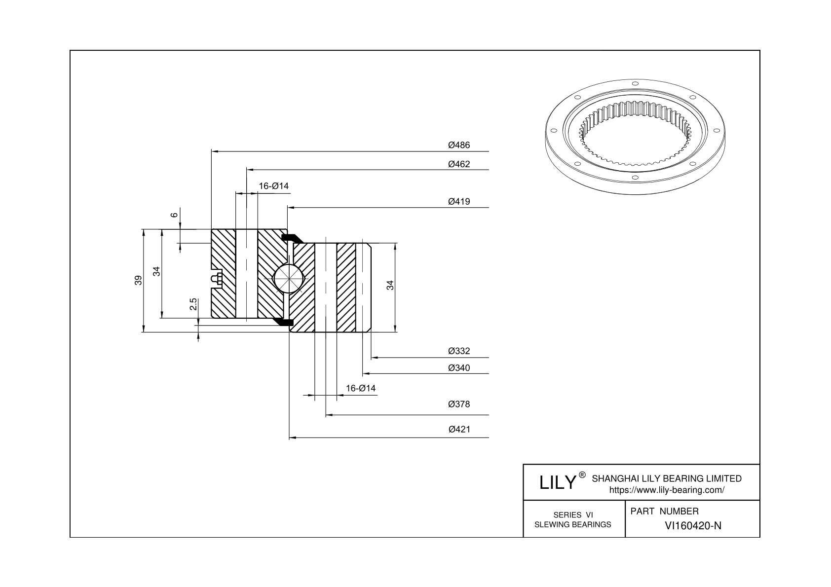 VI160420-N Four Point Contact Ball Slewing Ring Bearing cad drawing