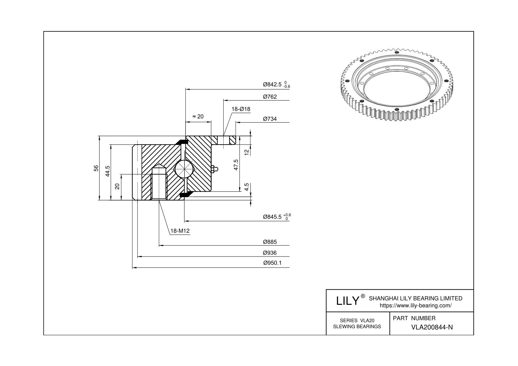VLA200844-N Four Point Contact Ball Slewing Ring Bearing cad drawing