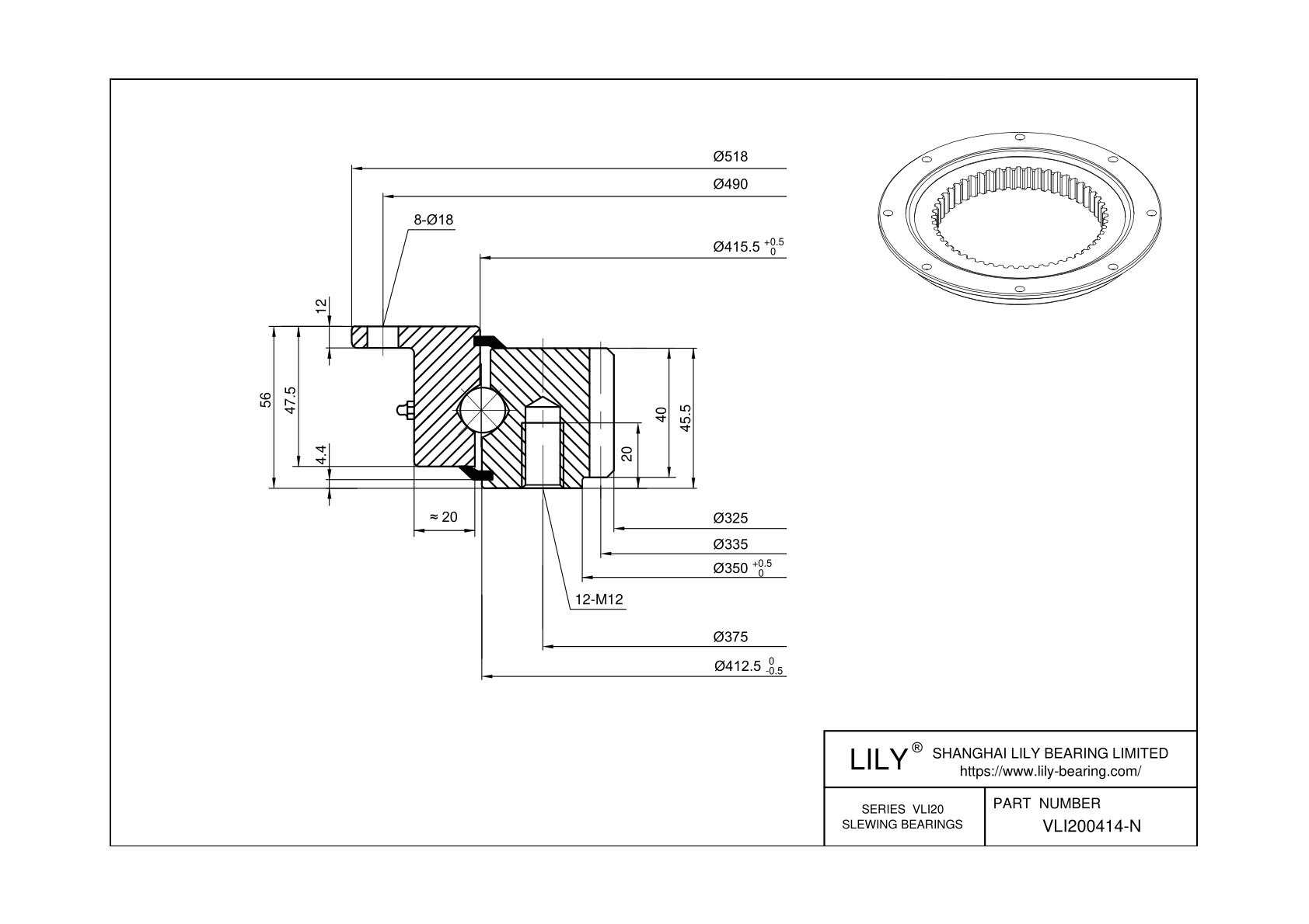 VLI200414-N-VSP Four Point Contact Ball Slewing Ring Bearing cad drawing