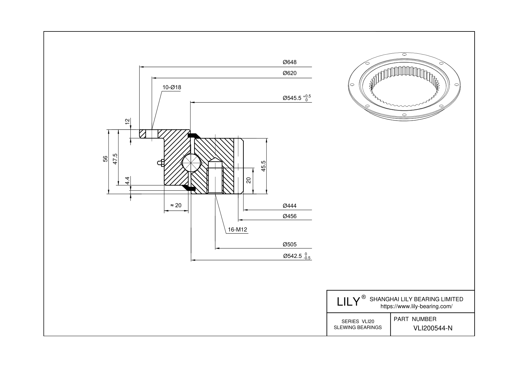 VLI200544-N Four Point Contact Ball Slewing Ring Bearing cad drawing